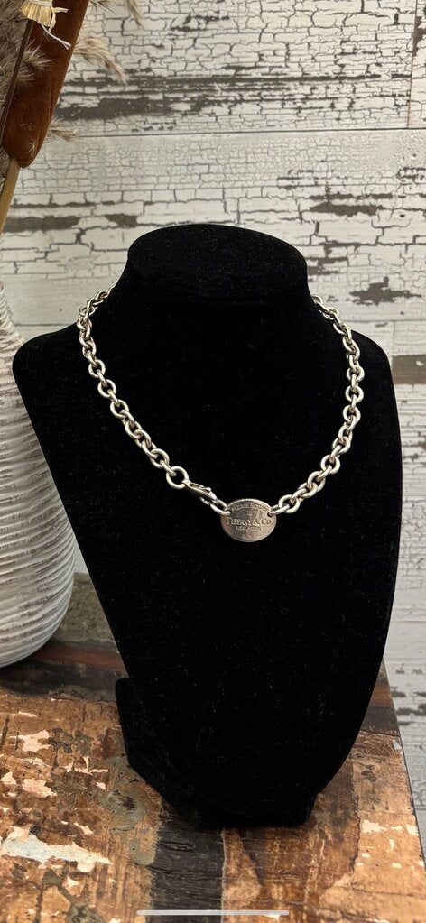 Tiffany & Co. Oval Tag Chain Link Choker Necklace; Certificate of Authentication