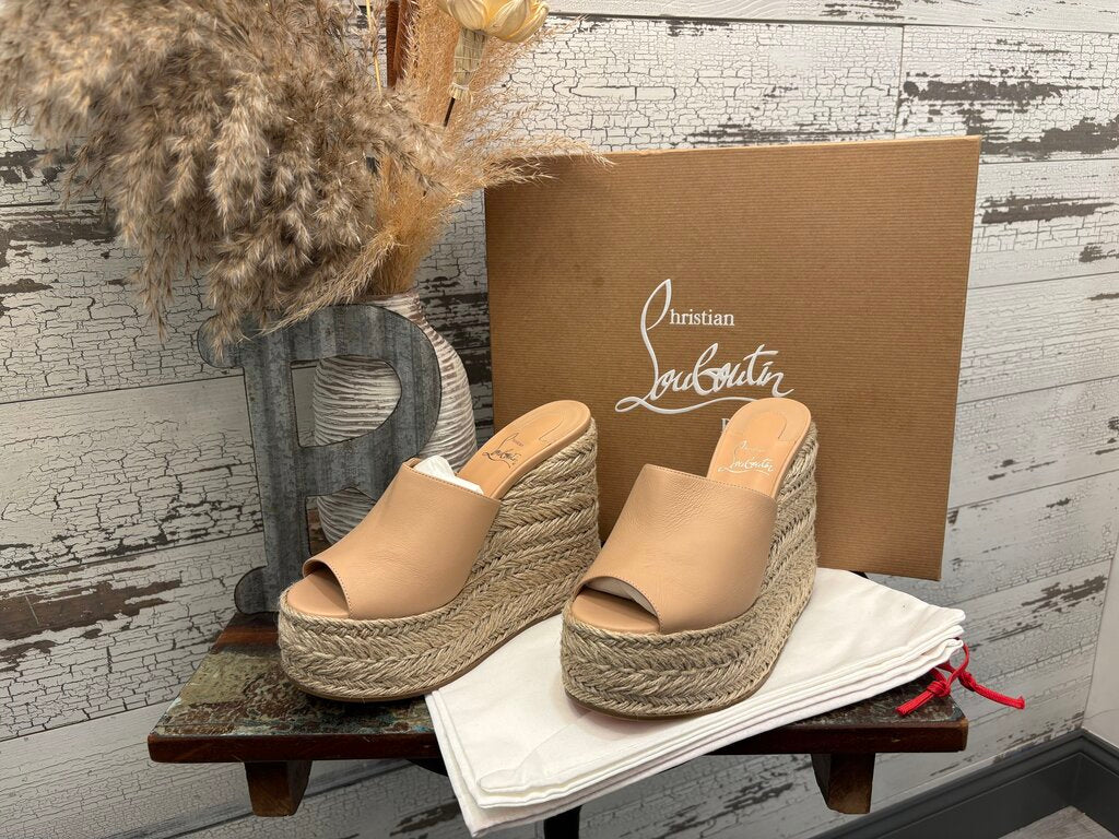 Christian Louboutin Ariella Zeppa 130 Wedge Sandal in Neutral Beige Leather; Certificate of Authentication
