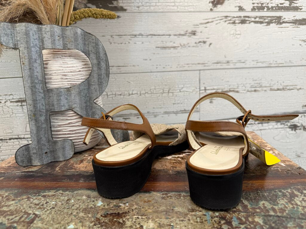Salvatore Ferragamo Sandals Feature a Woven Textile Strap and a Brown Leather Ankle Strap Size: 7.5