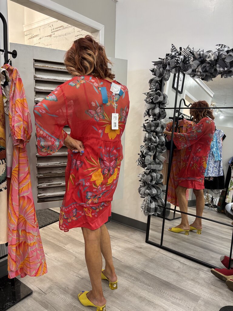 Johnny Was Silk Kaftan Dress Featuring Floral Embroidery & V-Neckline