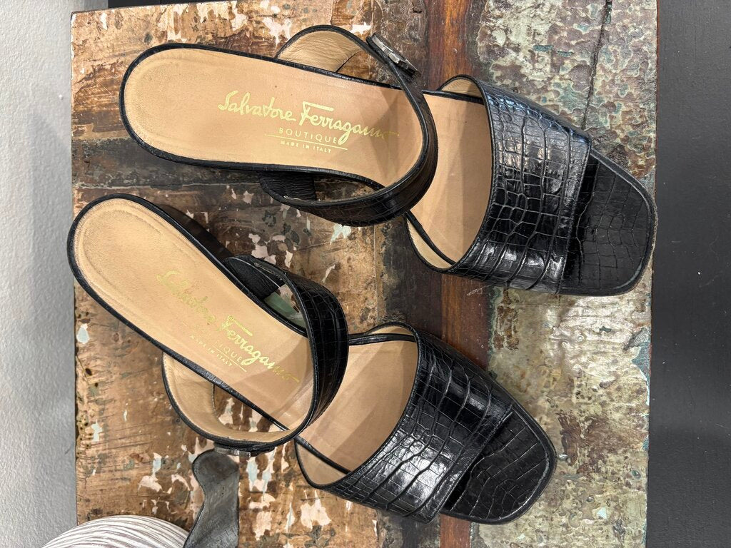 Salvatore Ferragamo Croc Leather Black Sandals Size: 8