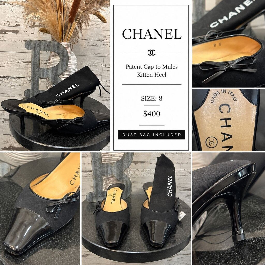 Chanel Patent Cap to Mules Kitten Heel Black Size: 8 Dust Bag Included