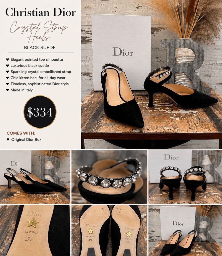 Christian Dior Pointed Toe Crystal Embellished Black Heel Size: 7.5 COA - Box Included