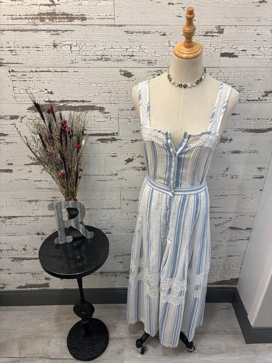 Love Shack Fancy Eve Striped Midi Sleeveless Dress Featuring Lace Panels