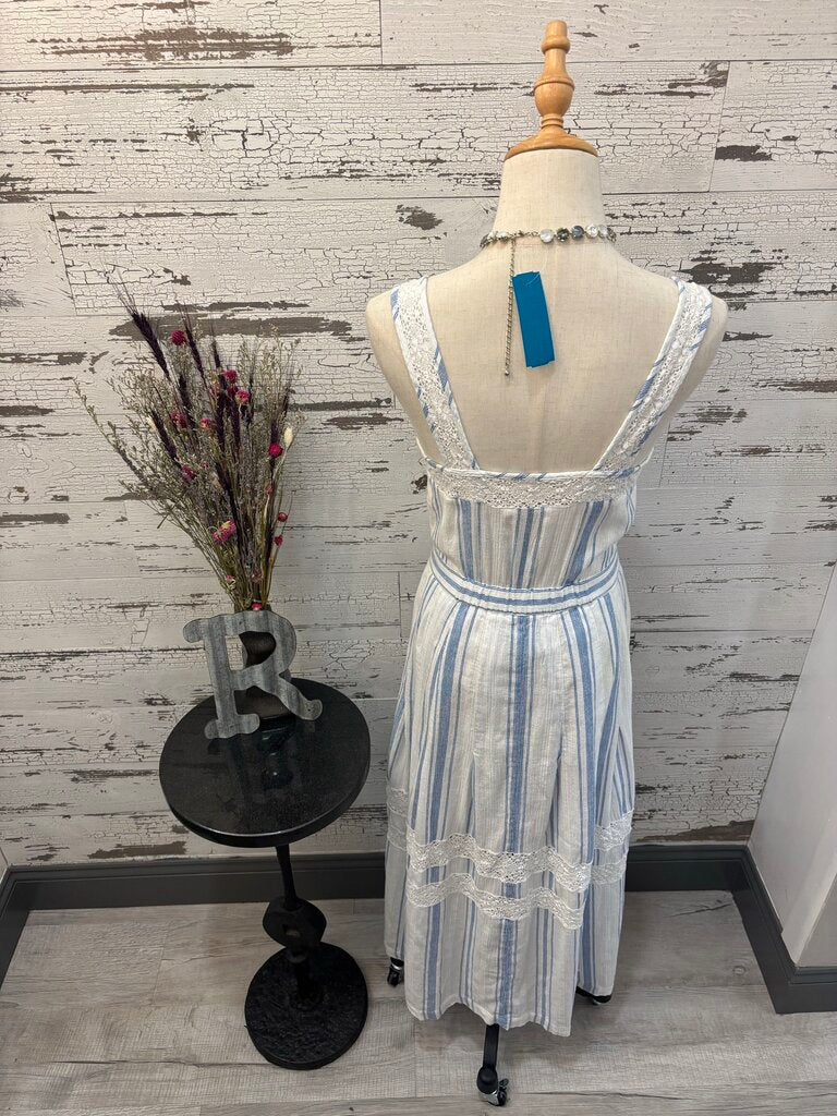 Love Shack Fancy Eve Striped Midi Sleeveless Dress Featuring Lace Panels