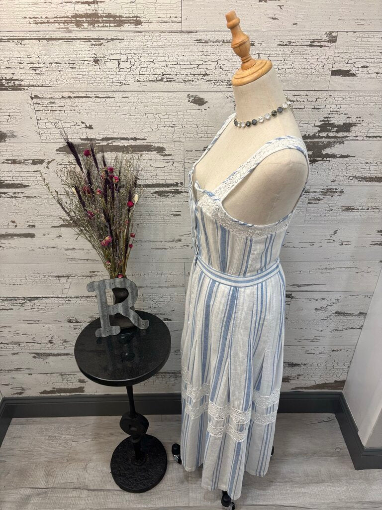 Love Shack Fancy Eve Striped Midi Sleeveless Dress Featuring Lace Panels