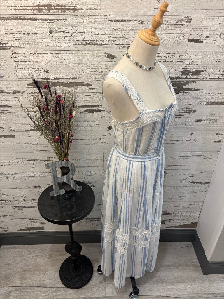 Love Shack Fancy Eve Striped Midi Sleeveless Dress Featuring Lace Panels