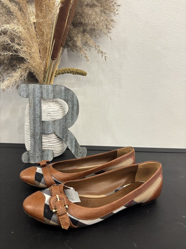 Burberry Nova Check Canvas and Leather Buckle Ballet Flats; Certificate of Authentication