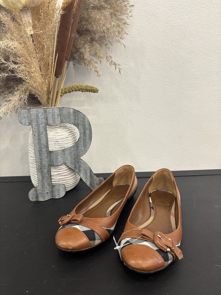 Burberry Nova Check Canvas and Leather Buckle Ballet Flats; Certificate of Authentication