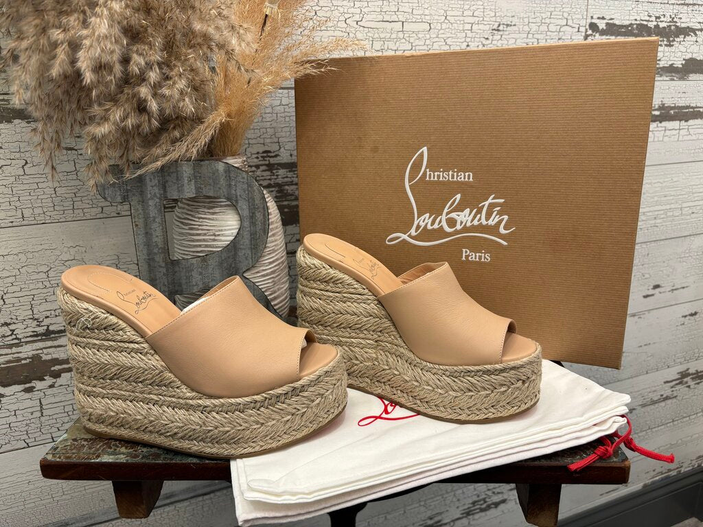 Christian Louboutin Ariella Zeppa 130 Wedge Sandal in Neutral Beige Leather; Certificate of Authentication