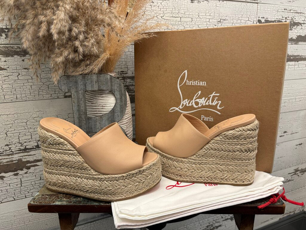 Christian Louboutin Ariella Zeppa 130 Wedge Sandal in Neutral Beige Leather; Certificate of Authentication
