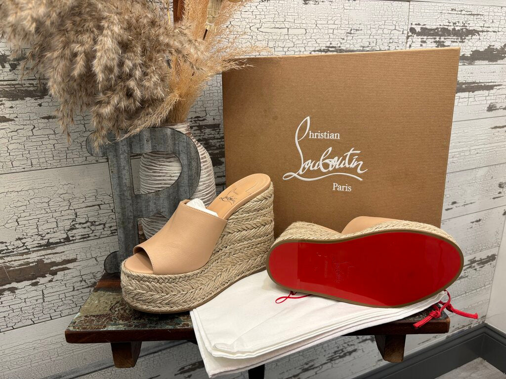 Christian Louboutin Ariella Zeppa 130 Wedge Sandal in Neutral Beige Leather; Certificate of Authentication