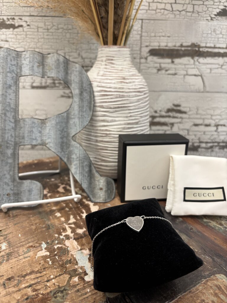 Gucci Heart Charm Sterling Silver Bracelet; Certificate of Authentication