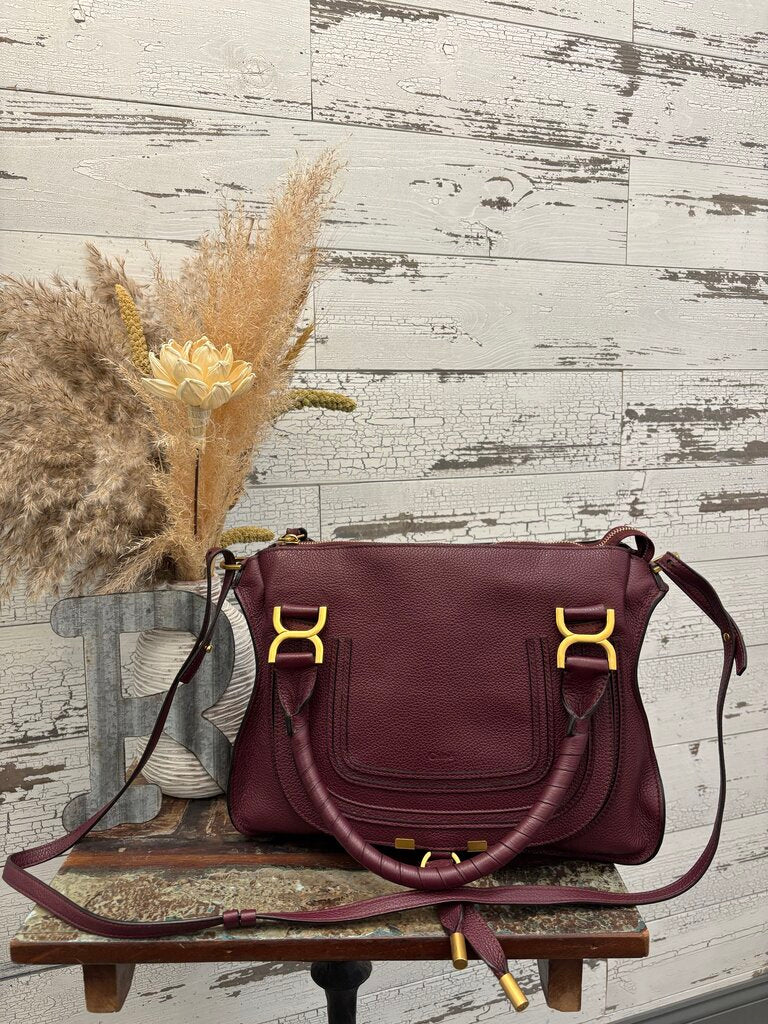 Chloé New Marcie Leather Satchel in a Burgundy Color with Gold Hardware; Certificate of Authentication