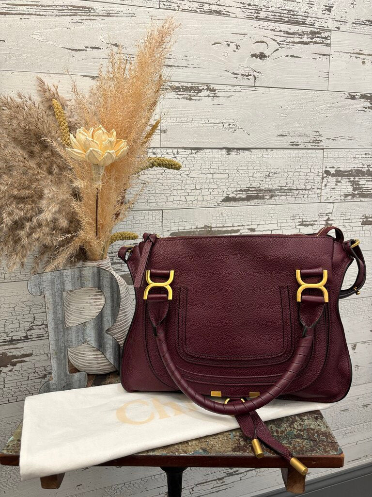 Chloé New Marcie Leather Satchel in a Burgundy Color with Gold Hardware; Certificate of Authentication