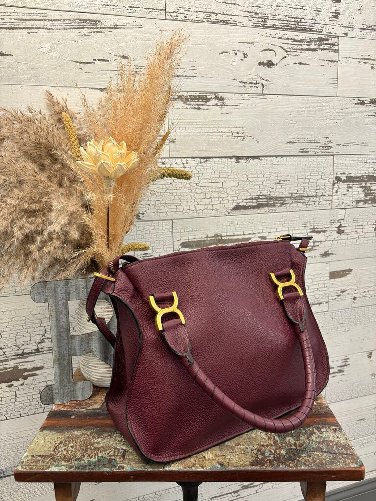 Chloé New Marcie Leather Satchel in a Burgundy Color with Gold Hardware; Certificate of Authentication