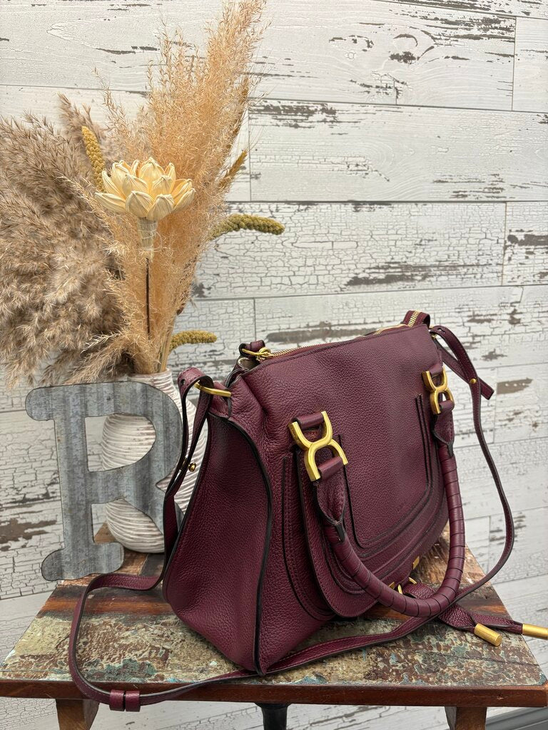 Chloé New Marcie Leather Satchel in a Burgundy Color with Gold Hardware; Certificate of Authentication
