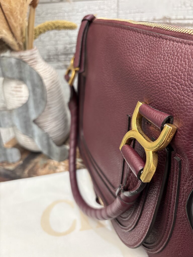 Chloé New Marcie Leather Satchel in a Burgundy Color with Gold Hardware; Certificate of Authentication