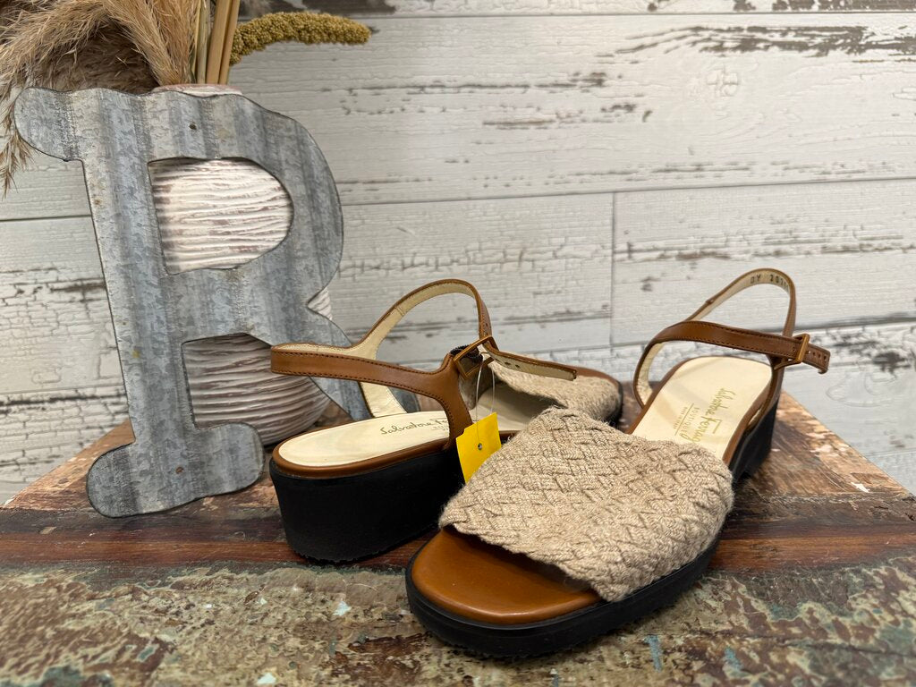 Salvatore Ferragamo Sandals Feature a Woven Textile Strap and a Brown Leather Ankle Strap Size: 7.5