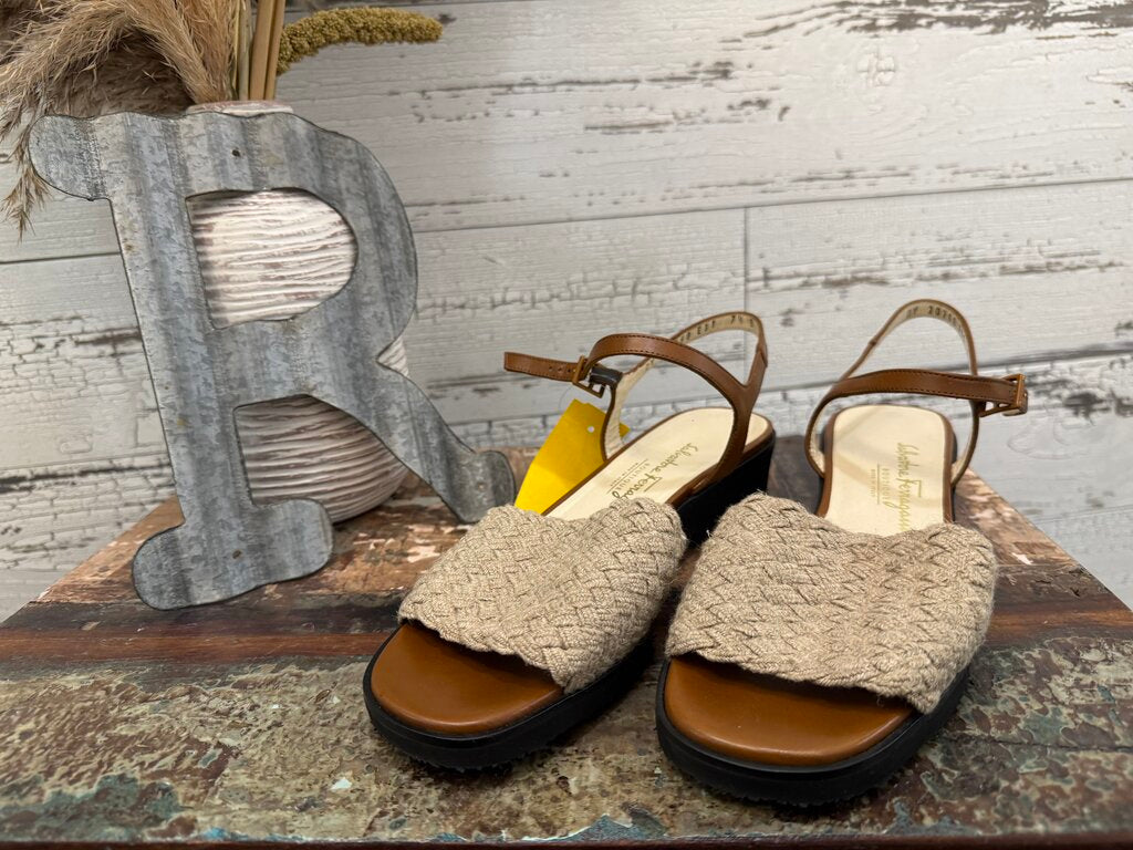 Salvatore Ferragamo Sandals Feature a Woven Textile Strap and a Brown Leather Ankle Strap Size: 7.5