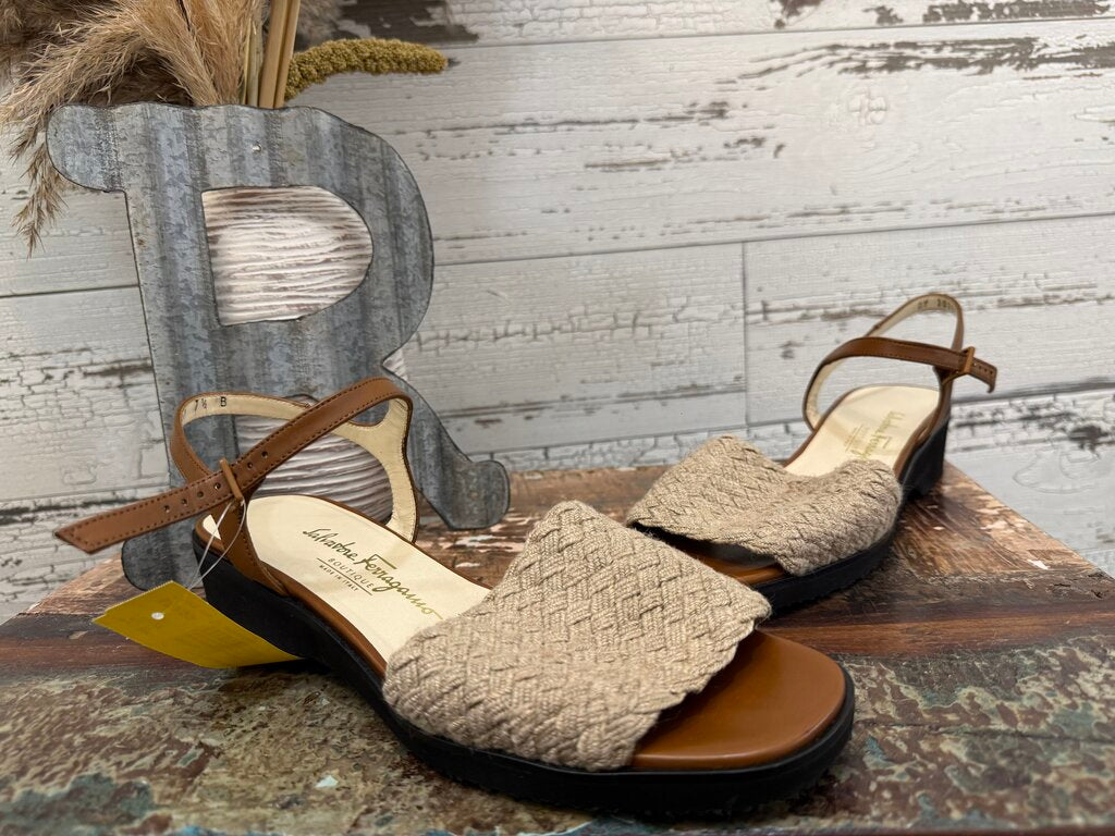 Salvatore Ferragamo Sandals Feature a Woven Textile Strap and a Brown Leather Ankle Strap Size: 7.5