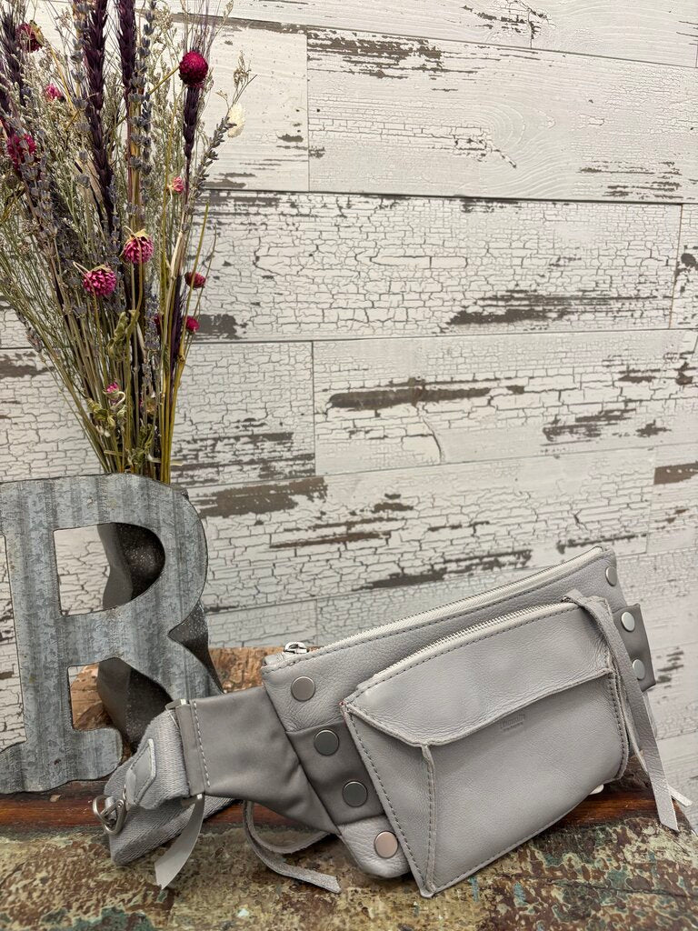 Hammitt Charles Crossbody Belt Bag in a Grey Leather Finish with Silver Hardware; Certificate of Authentication