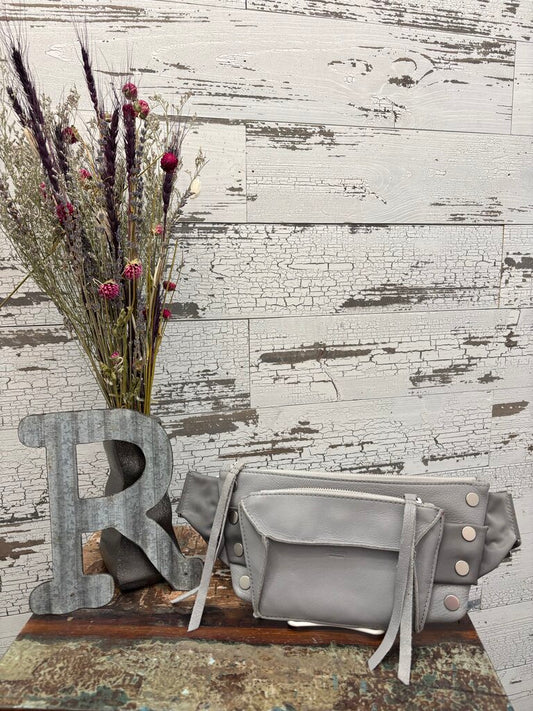 Hammitt Charles Crossbody Belt Bag in a Grey Leather Finish with Silver Hardware; Certificate of Authentication