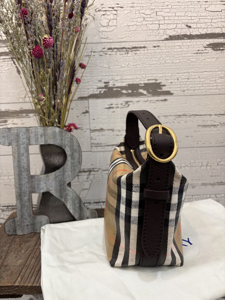 Burberry New Mini Highlands Check Shoulder Bag, Featuring a Cotton Linen Canvas Structure Check Pattern Leather Trim; Certificate of Authentication