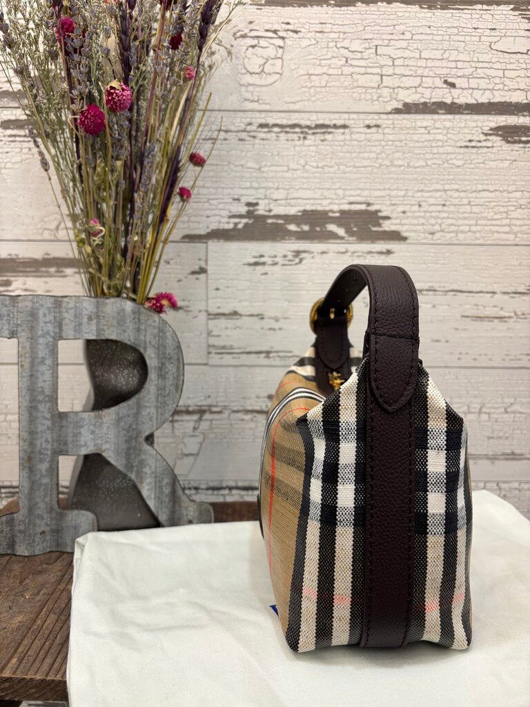 Burberry New Mini Highlands Check Shoulder Bag, Featuring a Cotton Linen Canvas Structure Check Pattern Leather Trim; Certificate of Authentication