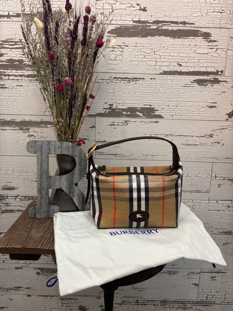 Burberry New Mini Highlands Check Shoulder Bag, Featuring a Cotton Linen Canvas Structure Check Pattern Leather Trim; Certificate of Authentication
