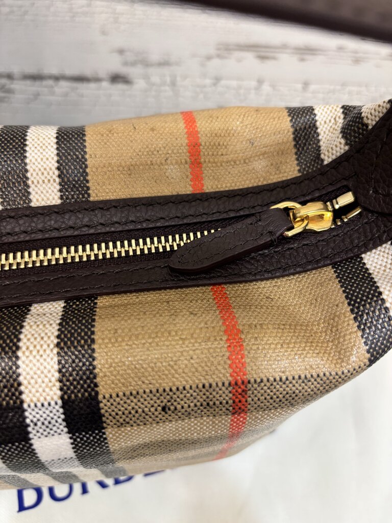 Burberry New Mini Highlands Check Shoulder Bag, Featuring a Cotton Linen Canvas Structure Check Pattern Leather Trim; Certificate of Authentication