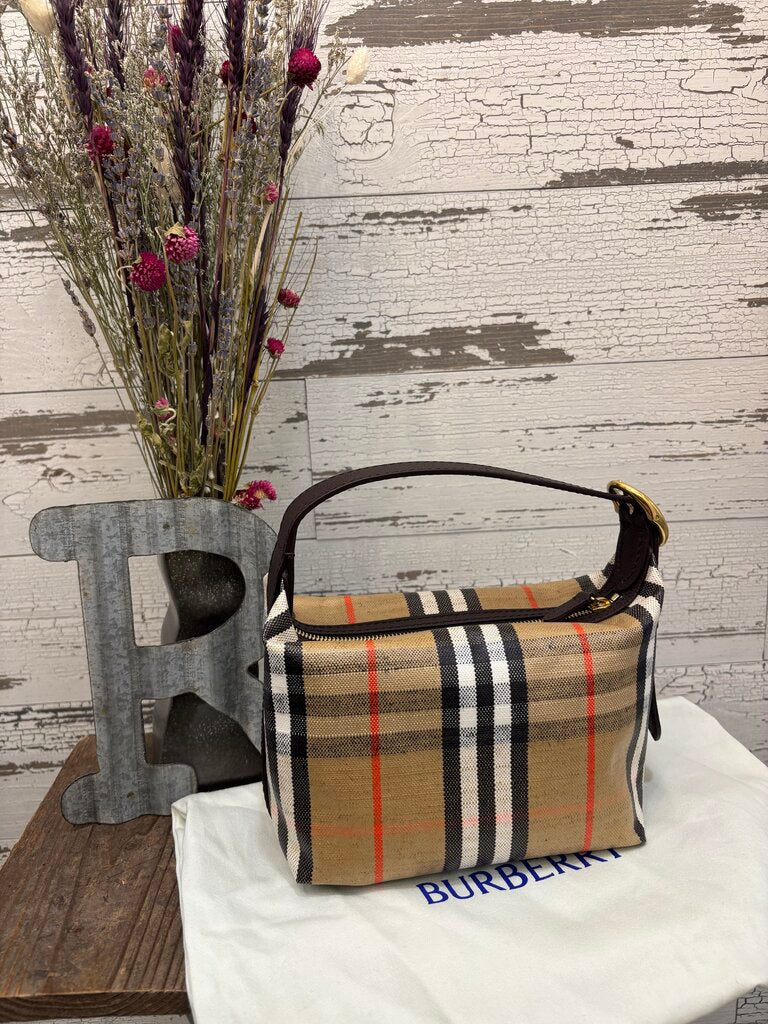 Burberry New Mini Highlands Check Shoulder Bag, Featuring a Cotton Linen Canvas Structure Check Pattern Leather Trim; Certificate of Authentication