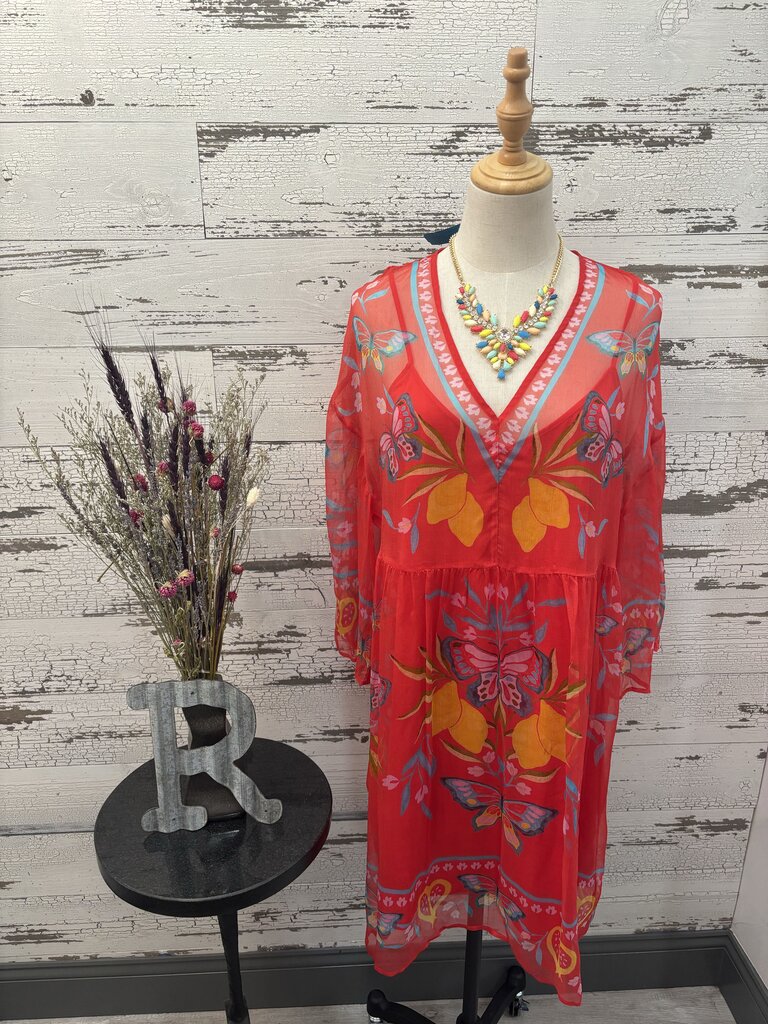 Johnny Was Silk Kaftan Dress Featuring Floral Embroidery & V-Neckline
