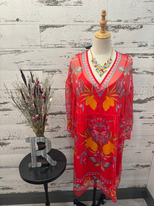 Johnny Was Silk Kaftan Dress Featuring Floral Embroidery & V-Neckline