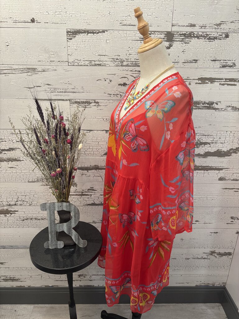 Johnny Was Silk Kaftan Dress Featuring Floral Embroidery & V-Neckline