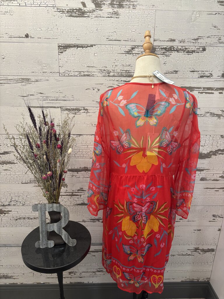 Johnny Was Silk Kaftan Dress Featuring Floral Embroidery & V-Neckline