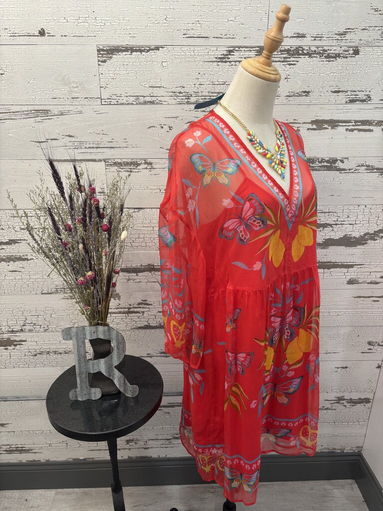 Johnny Was Silk Kaftan Dress Featuring Floral Embroidery & V-Neckline