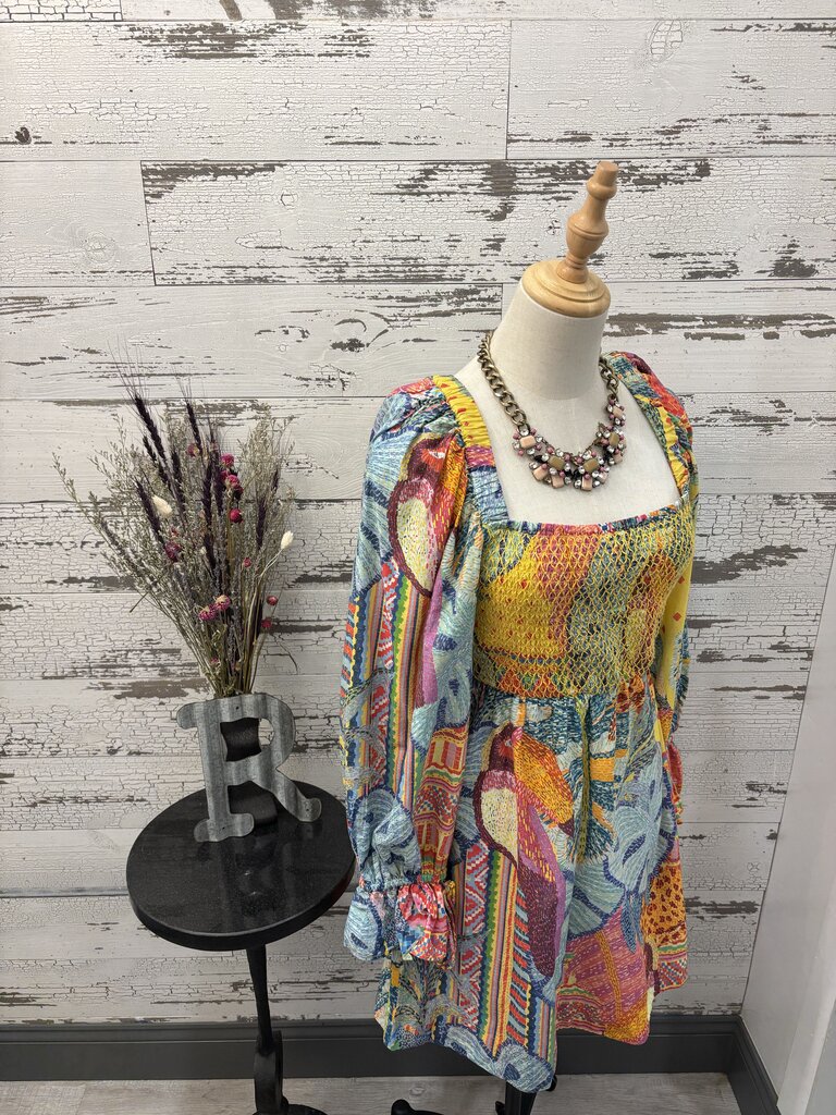 Farm Rio Summer Tapestry Long Sleeve Mini Dress