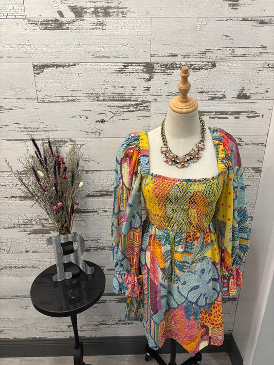Farm Rio Summer Tapestry Long Sleeve Mini Dress