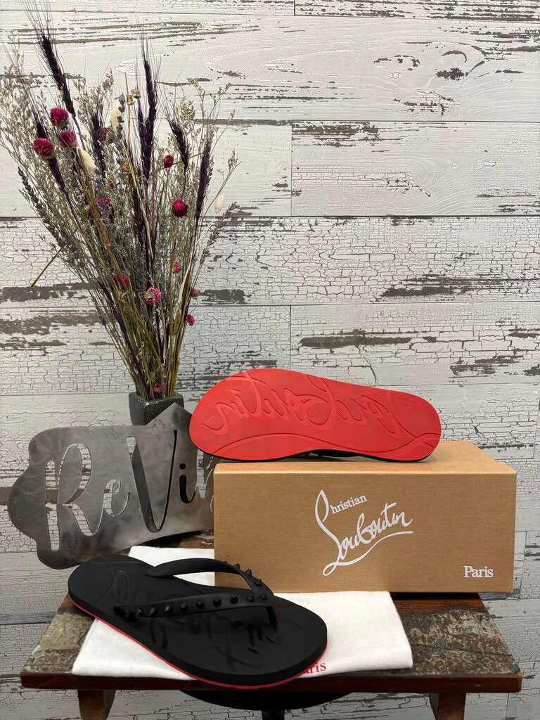 Christian Louboutin Super Loubi Flip Flops Featuring a Rubber Construction, Spiked Thong Strap, & Iconic Red Sole Size: 10 ; Certificate of Authentication