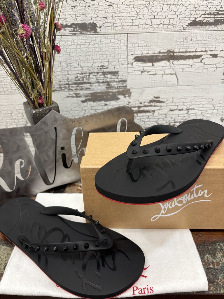 Christian Louboutin Super Loubi Flip Flops Featuring a Rubber Construction, Spiked Thong Strap, & Iconic Red Sole Size: 10 ; Certificate of Authentication