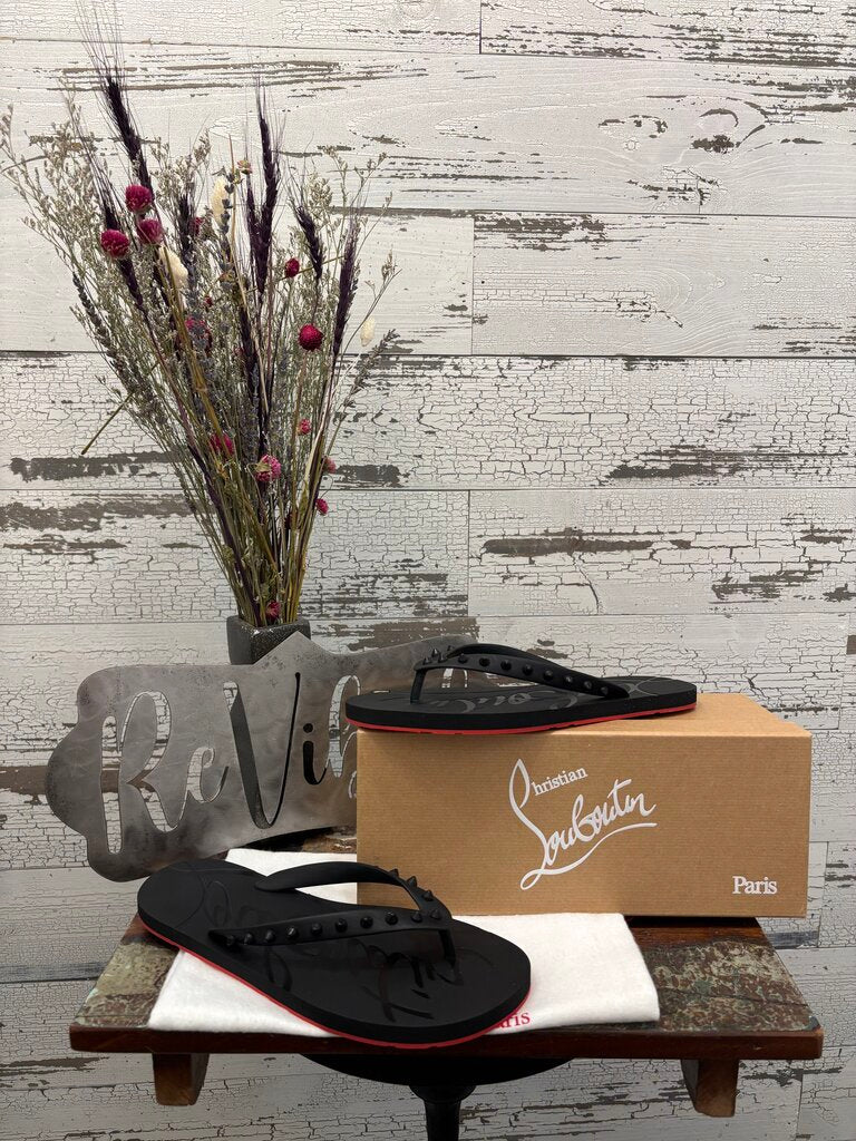 Christian Louboutin Super Loubi Flip Flops Featuring a Rubber Construction, Spiked Thong Strap, & Iconic Red Sole Size: 10 ; Certificate of Authentication