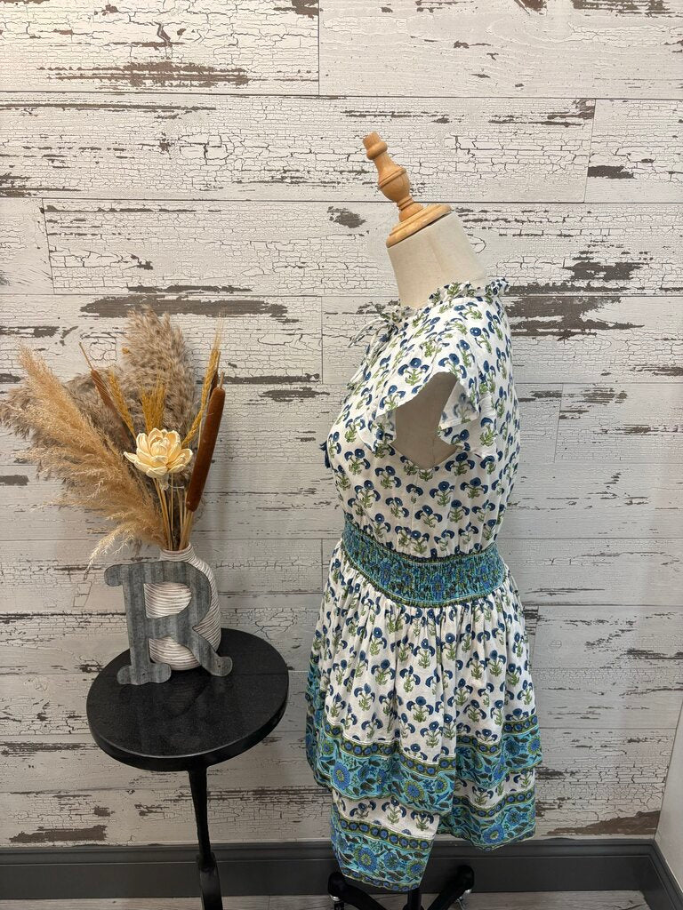 Victoria Dunn Blue & Green Floral Pattern Dress Size: XS