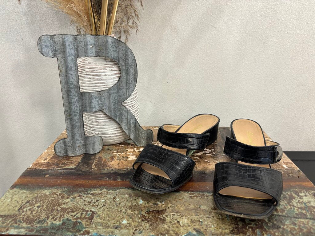 Salvatore Ferragamo Croc Leather Black Sandals Size: 8