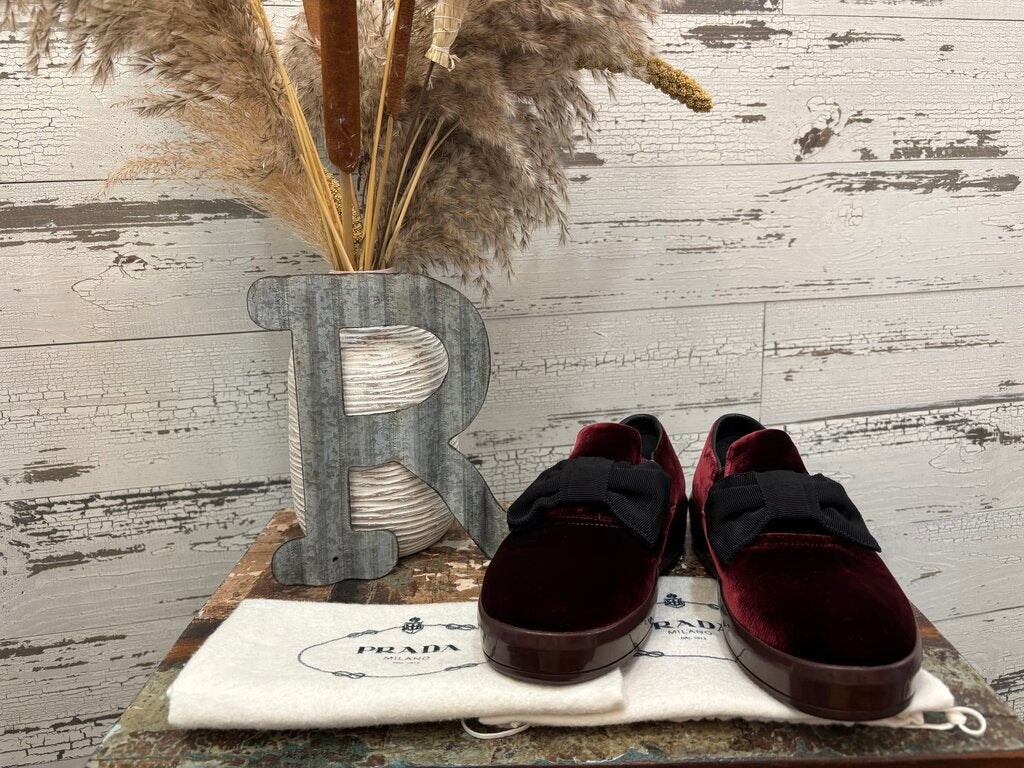 Prada Linea Rossa Velvet Bow Slip Loafer Size: 7
