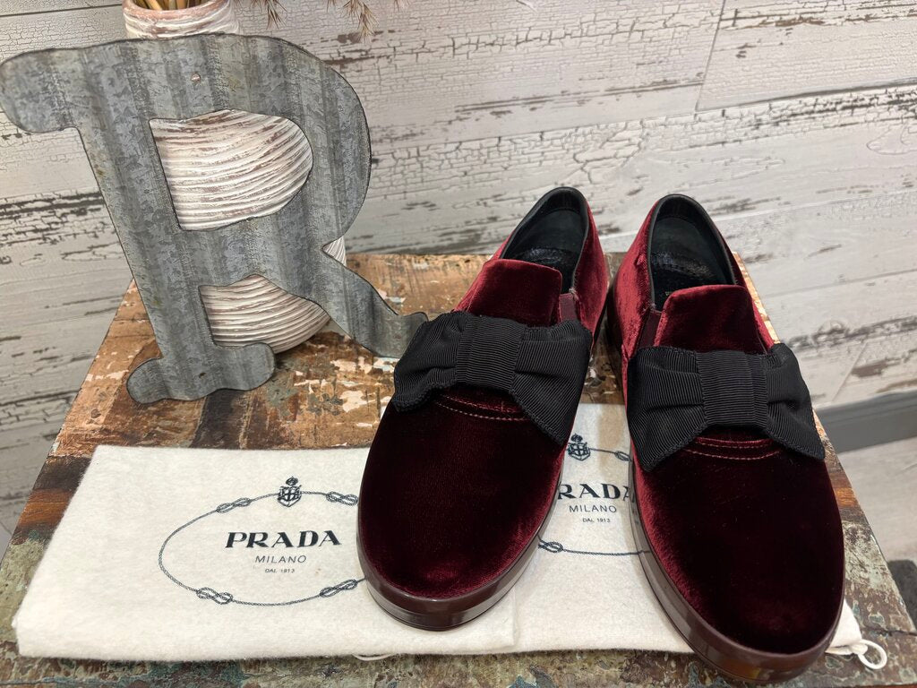 Prada Linea Rossa Velvet Bow Slip Loafer Size: 7