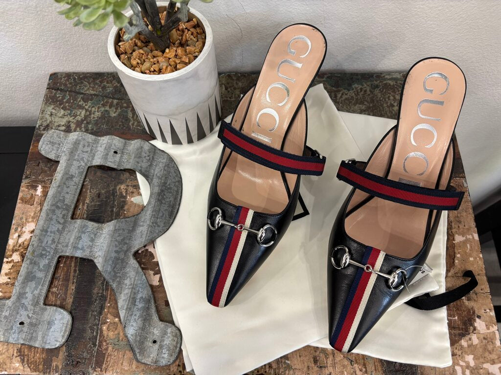 Gucci Emma Horsebit Mules Kitten Heel Size: 7.5