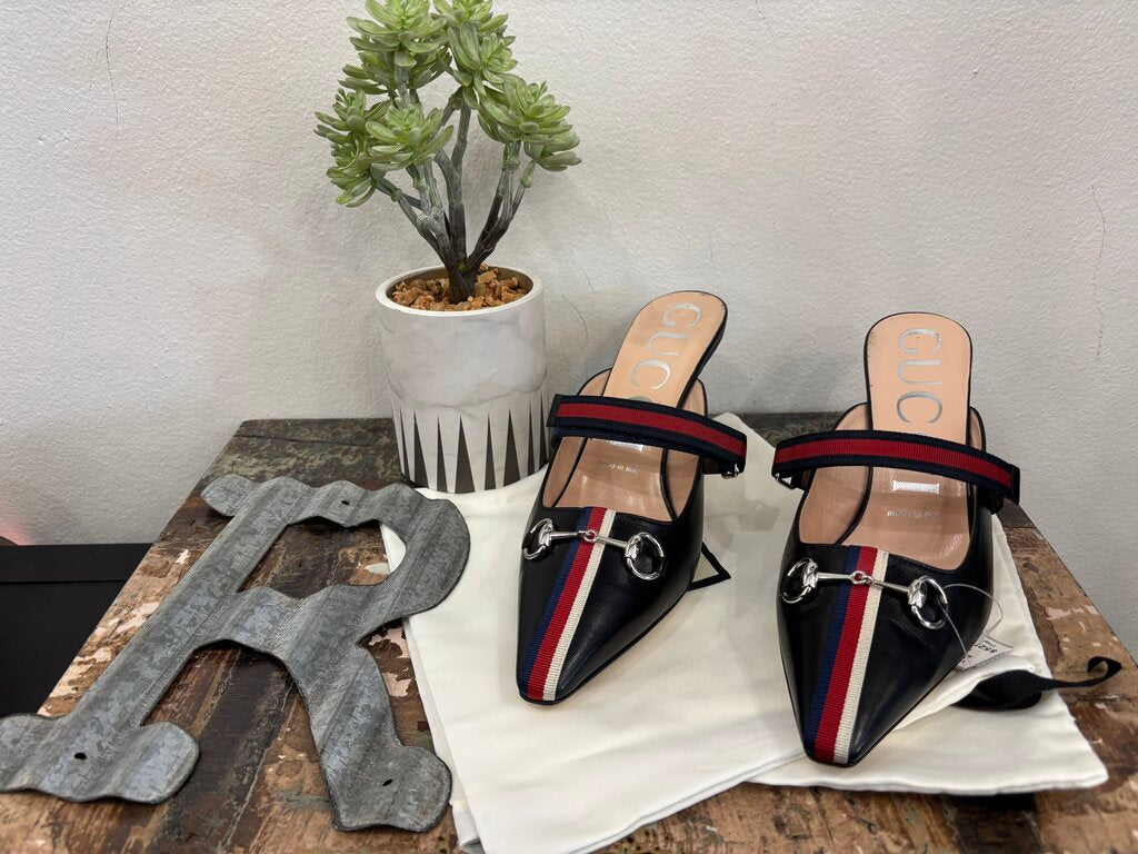 Gucci Emma Horsebit Mules Kitten Heel Size: 7.5