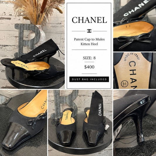 Chanel Patent Cap to Mules Kitten Heel Black Size: 8 Dust Bag Included