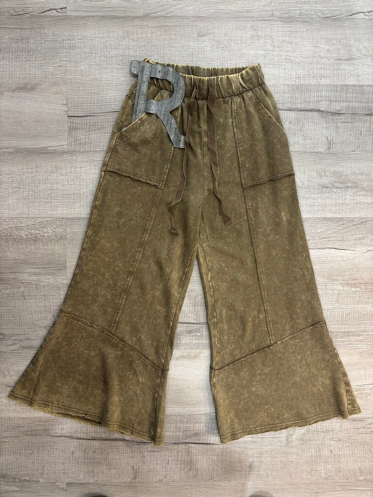 Zenana New Acid Washed Flare Hem Olive Green